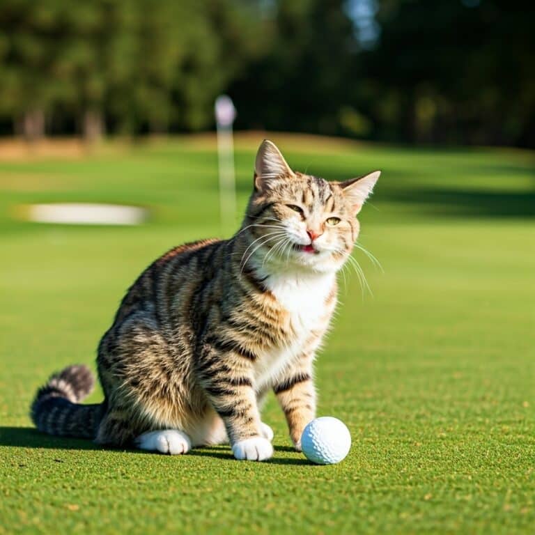 Cat,smiling,,preparing,to,hit,a,golf,ball,,holding,a