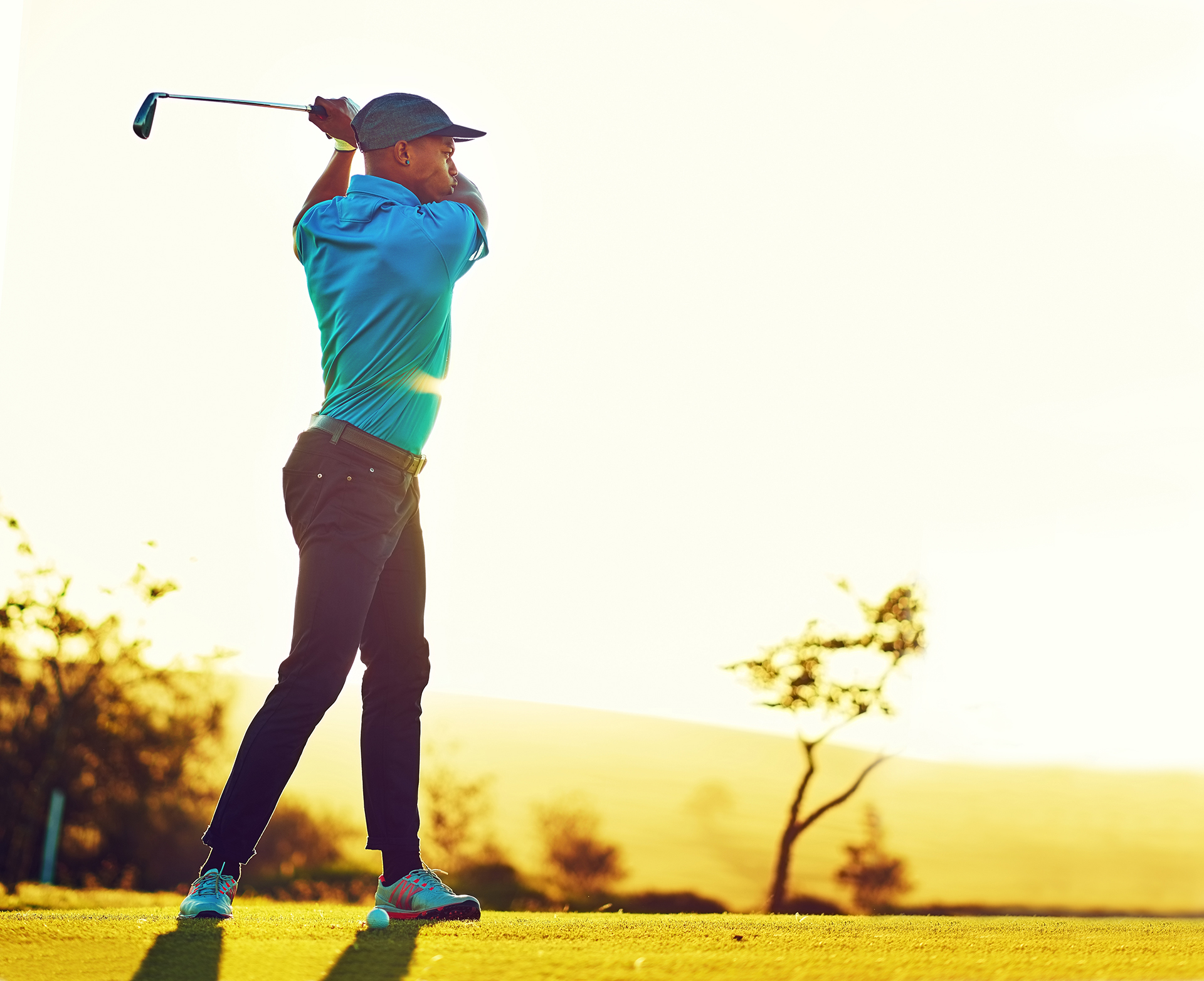 Golf,,man,and,swing,with,game,,hobby,and,sunset,for