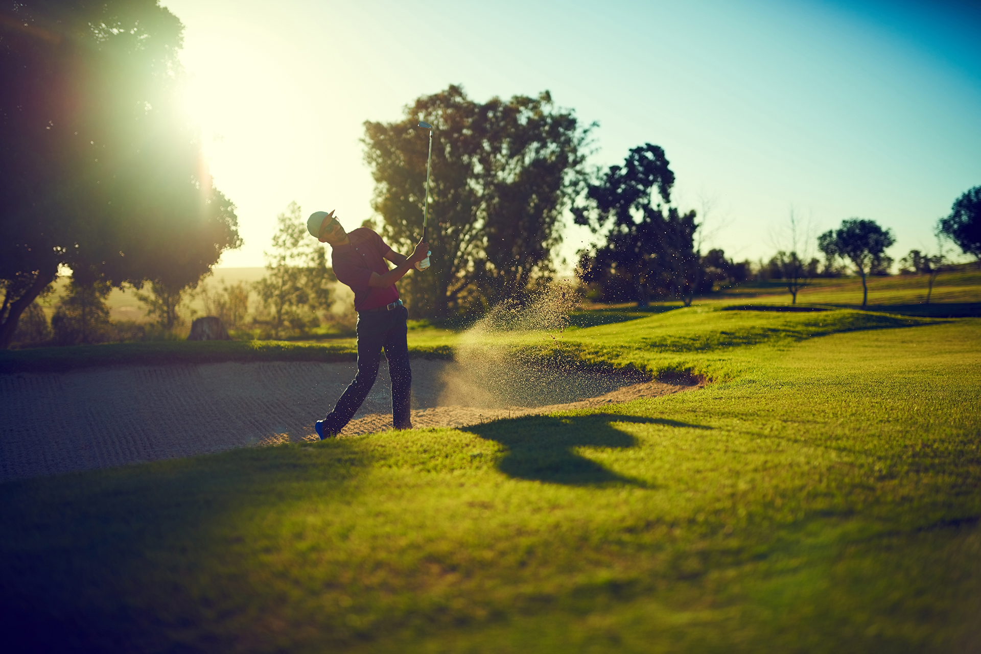 Swinging,,hobby,and,man,in,pitch,on,golf,course,for