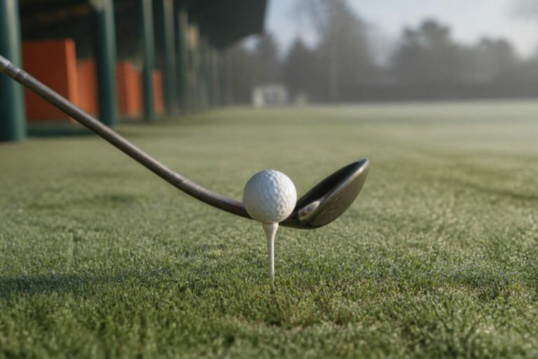 close-up of a golf shaft flexing at the moment of impact with a golf ball on a driving range tee, morning natural