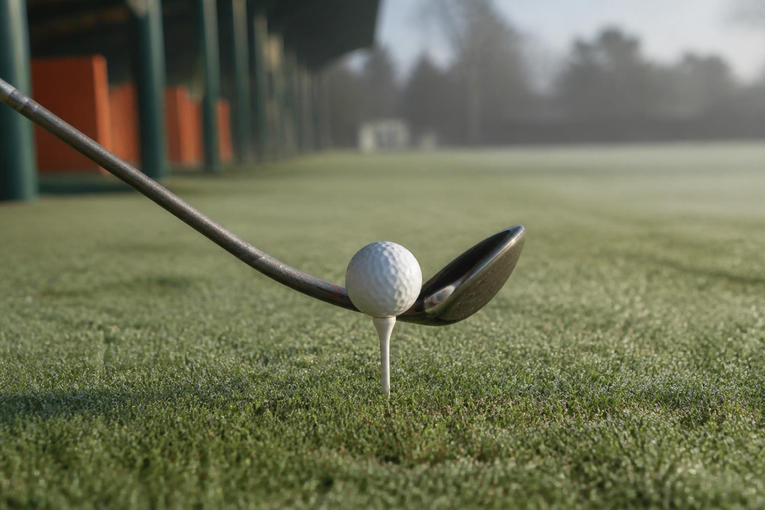 close-up of a golf shaft flexing at the moment of impact with a golf ball on a driving range tee, morning natural