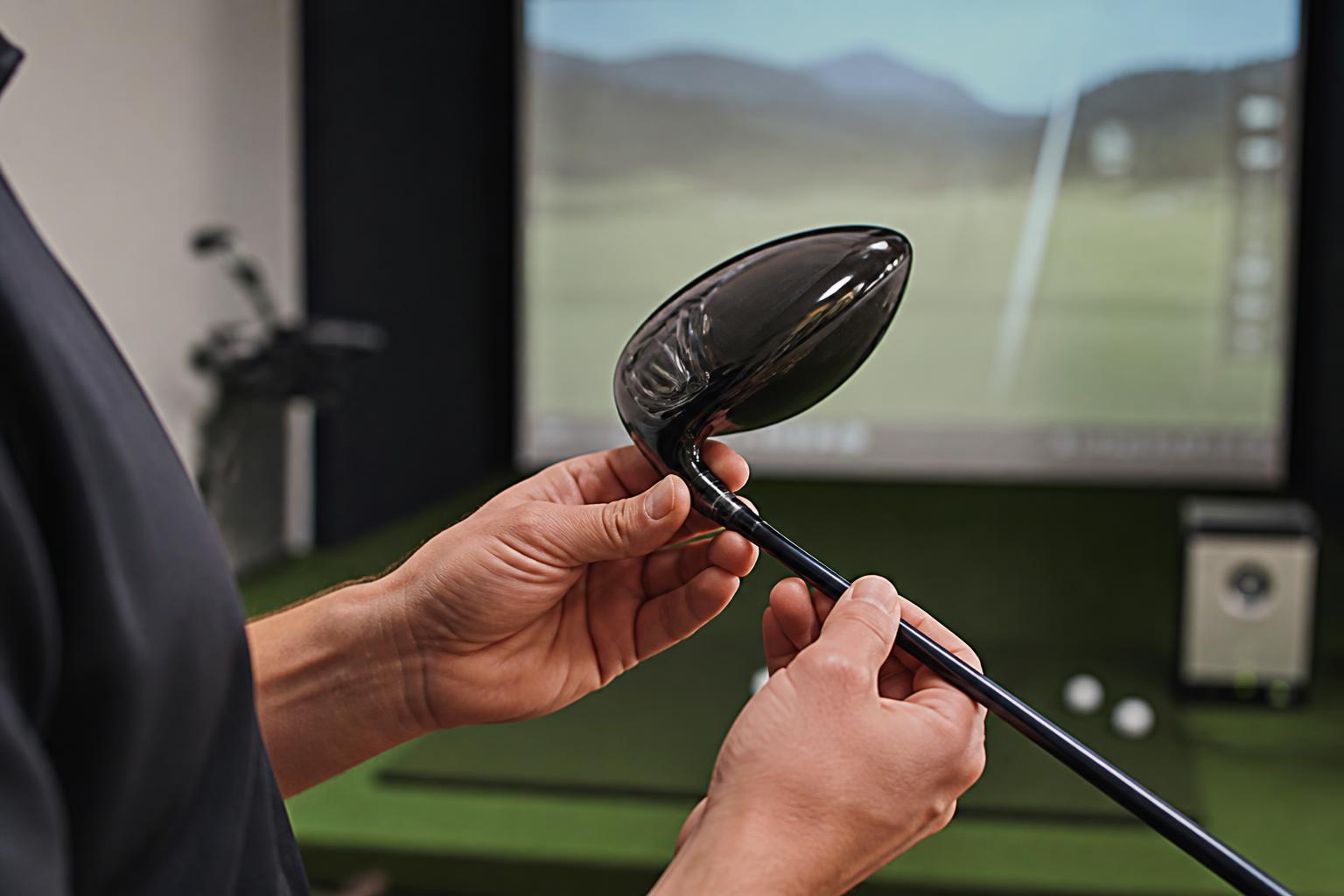 image of a club fitter's hands holding a driver and inspecting the shaft near the hosel inside a fitting bay, launch