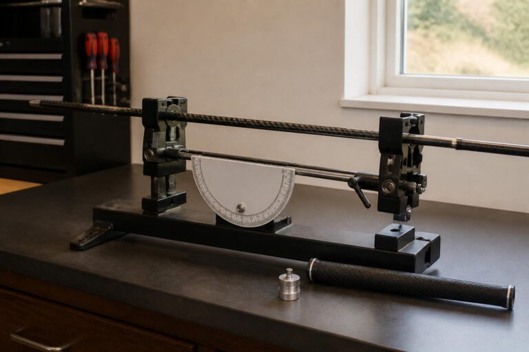 close-up of a golf club fitter's workbench with a driver shaft clamped in a swingweight scale, a small metal weight