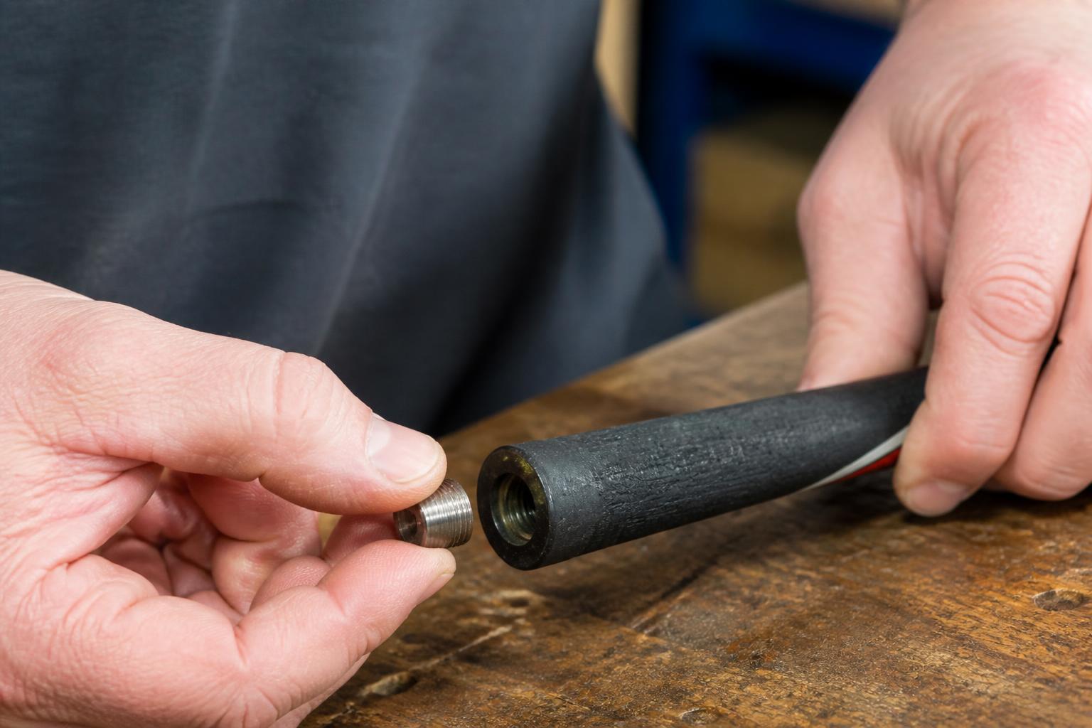 image of hands installing a small counterweight plug into the butt end of a golf shaft under the grip on a workbench