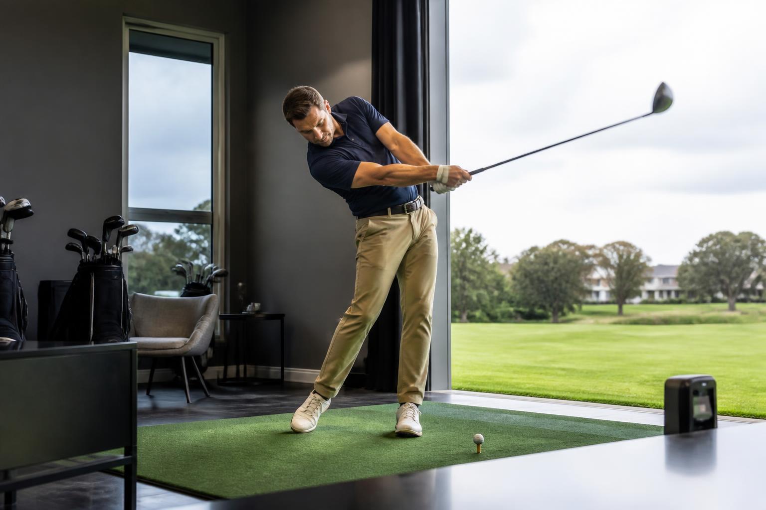 scene of a golfer at a launch monitor bay mid-swing with a driver, indoor fitting studio, soft natural light through