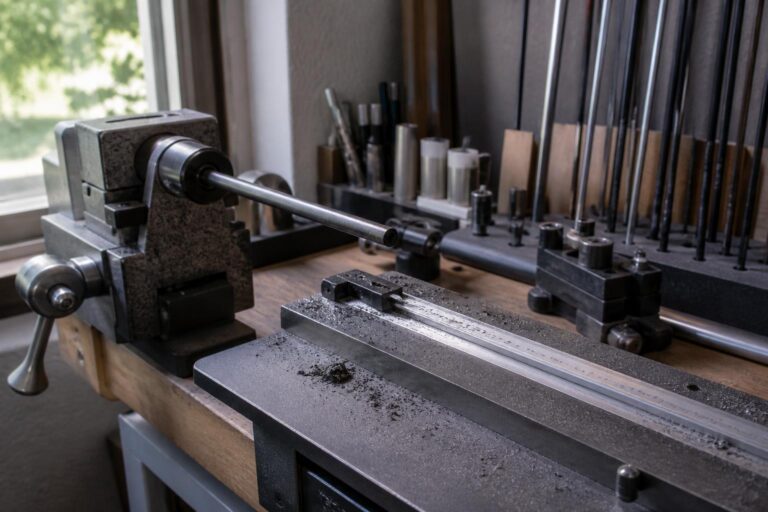 close-up of a golf club builder's workbench with a graphite golf shaft clamped in a vise, the narrow tip end aligned