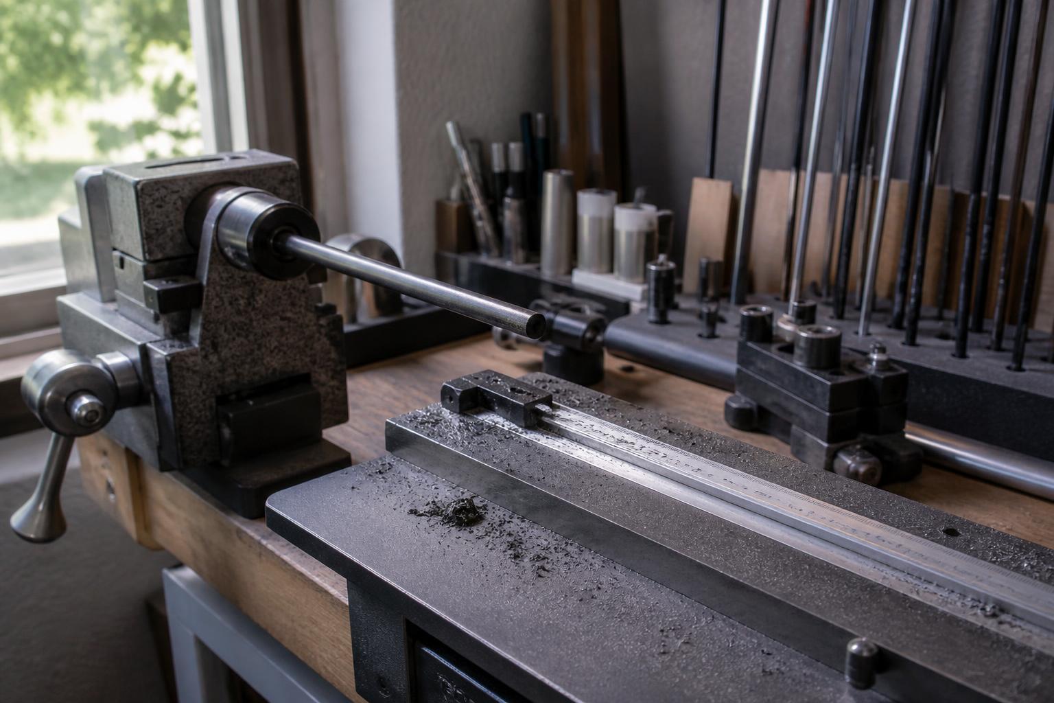 close-up of a golf club builder's workbench with a graphite golf shaft clamped in a vise, the narrow tip end aligned