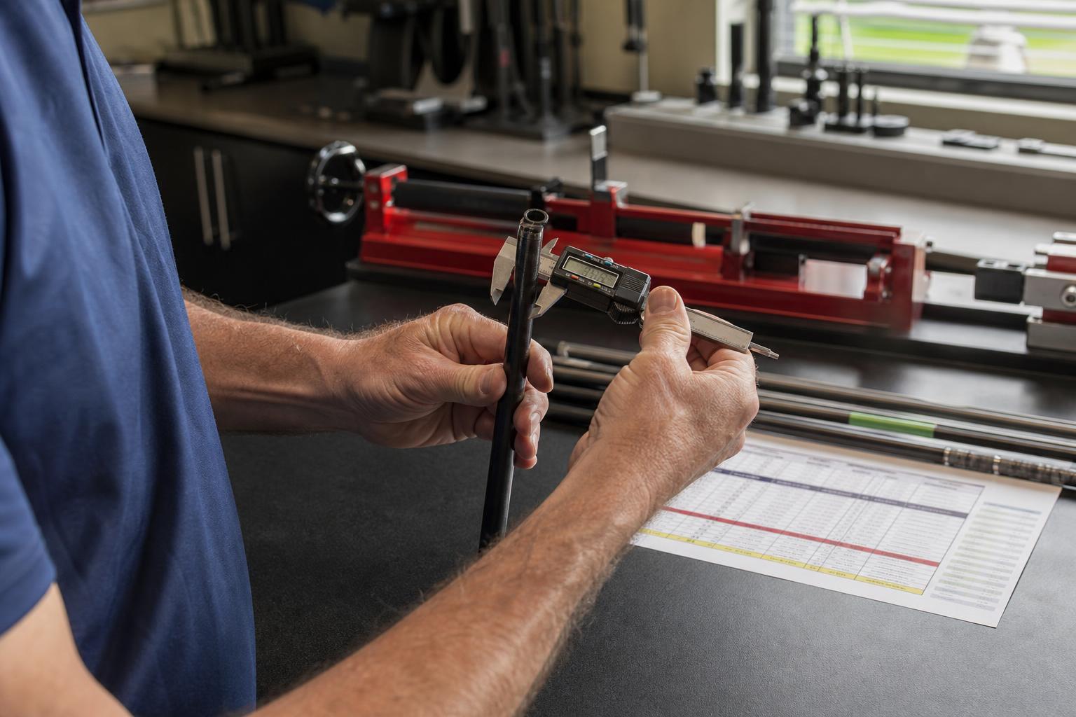 hands of a clubfitter holding a graphite golf shaft up to a printed trim chart on the bench, measuring the tip