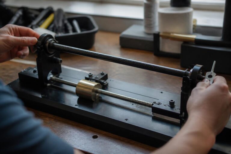 close-up of a club builder's workbench with a graphite golf shaft clamped in a shaft spine-finding machine, hands