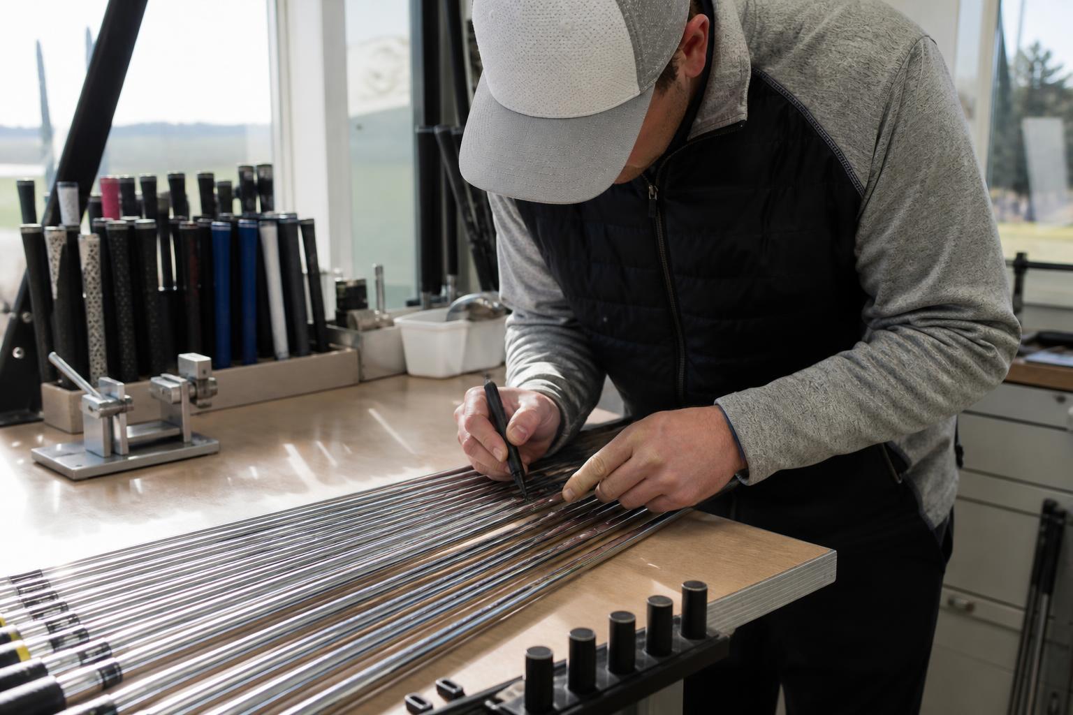 image of a professional clubfitter aligning and marking a set of matched steel iron shafts on a workbench, marker pen