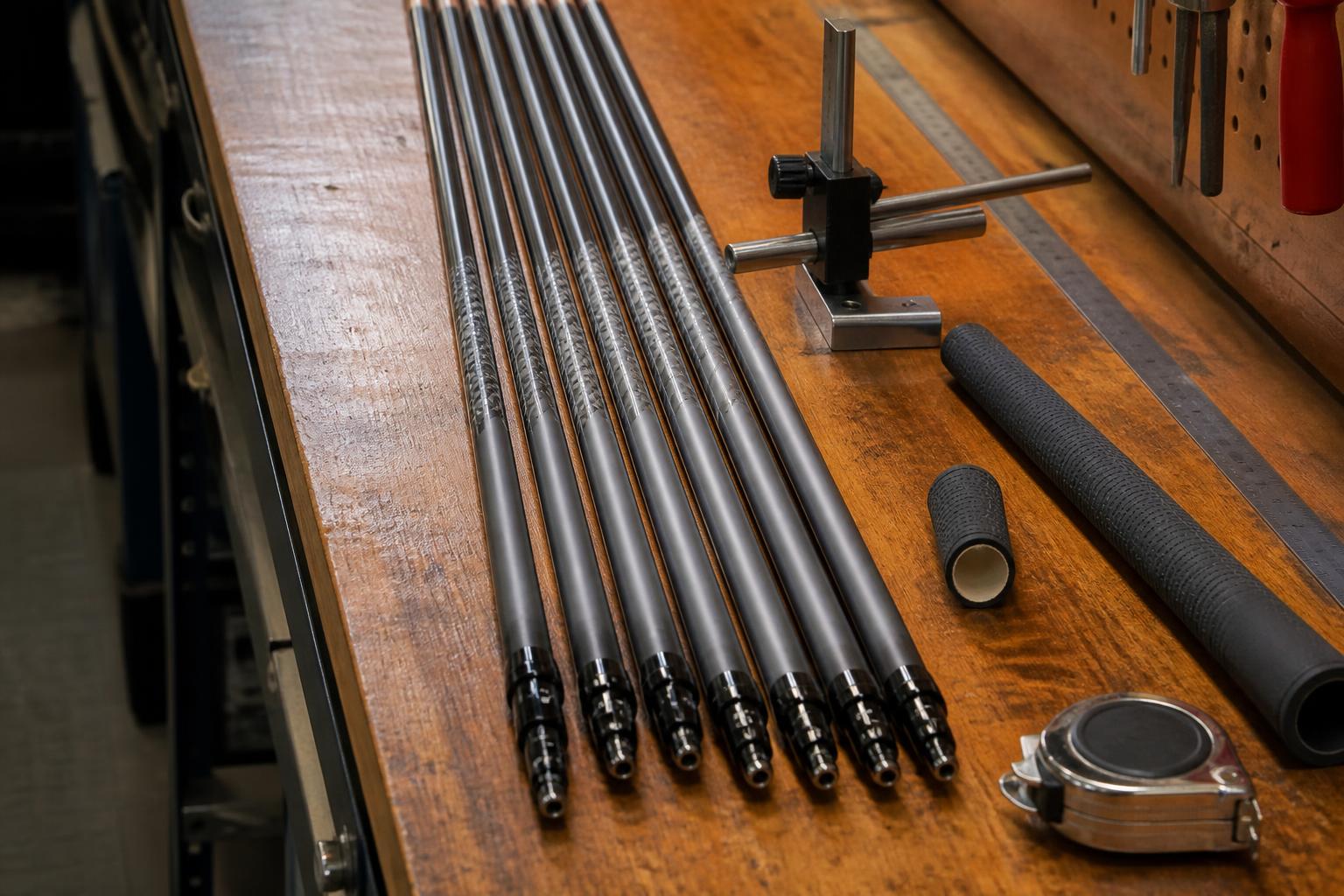 detail shot of several driver shafts laid side by side on a fitting-bay workbench, graphite shafts with subtle sheen,
