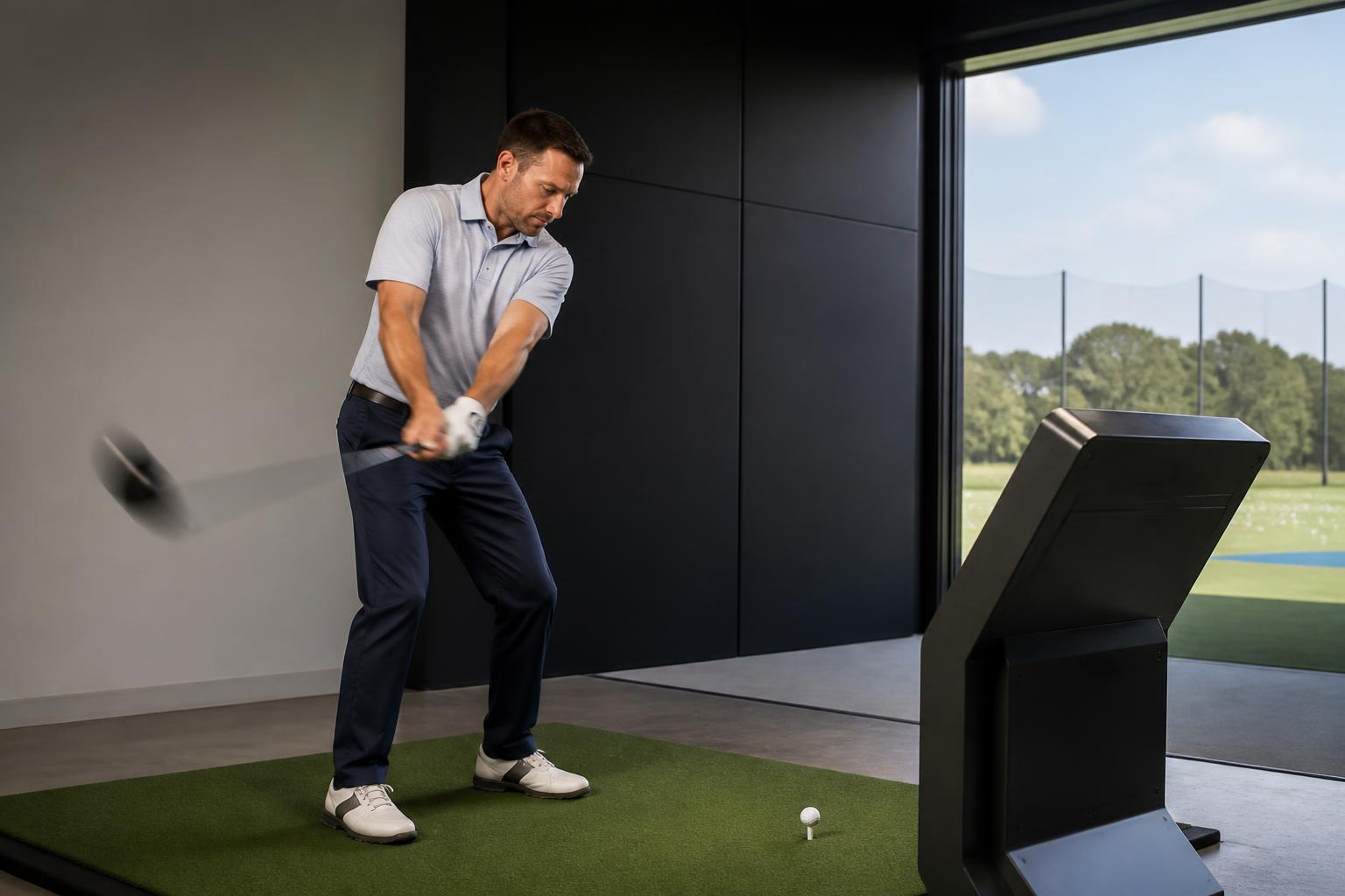 image of a launch monitor screen glowing beside a golfer mid-downswing hitting a driver on an indoor fitting range,