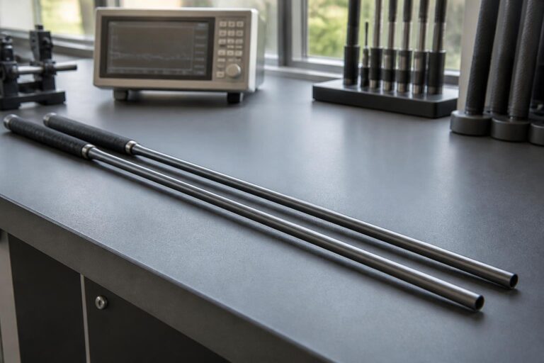 close-up of two graphite golf driver shafts laid side by side on a clean workbench in a club-fitting studio, soft