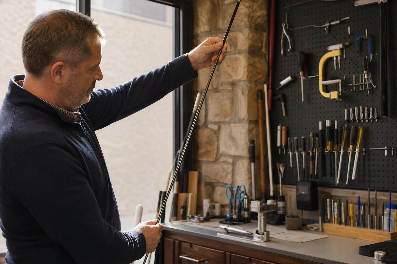 image of a professional club fitter's hands holding a graphite golf shaft up to the light to inspect its bend profile