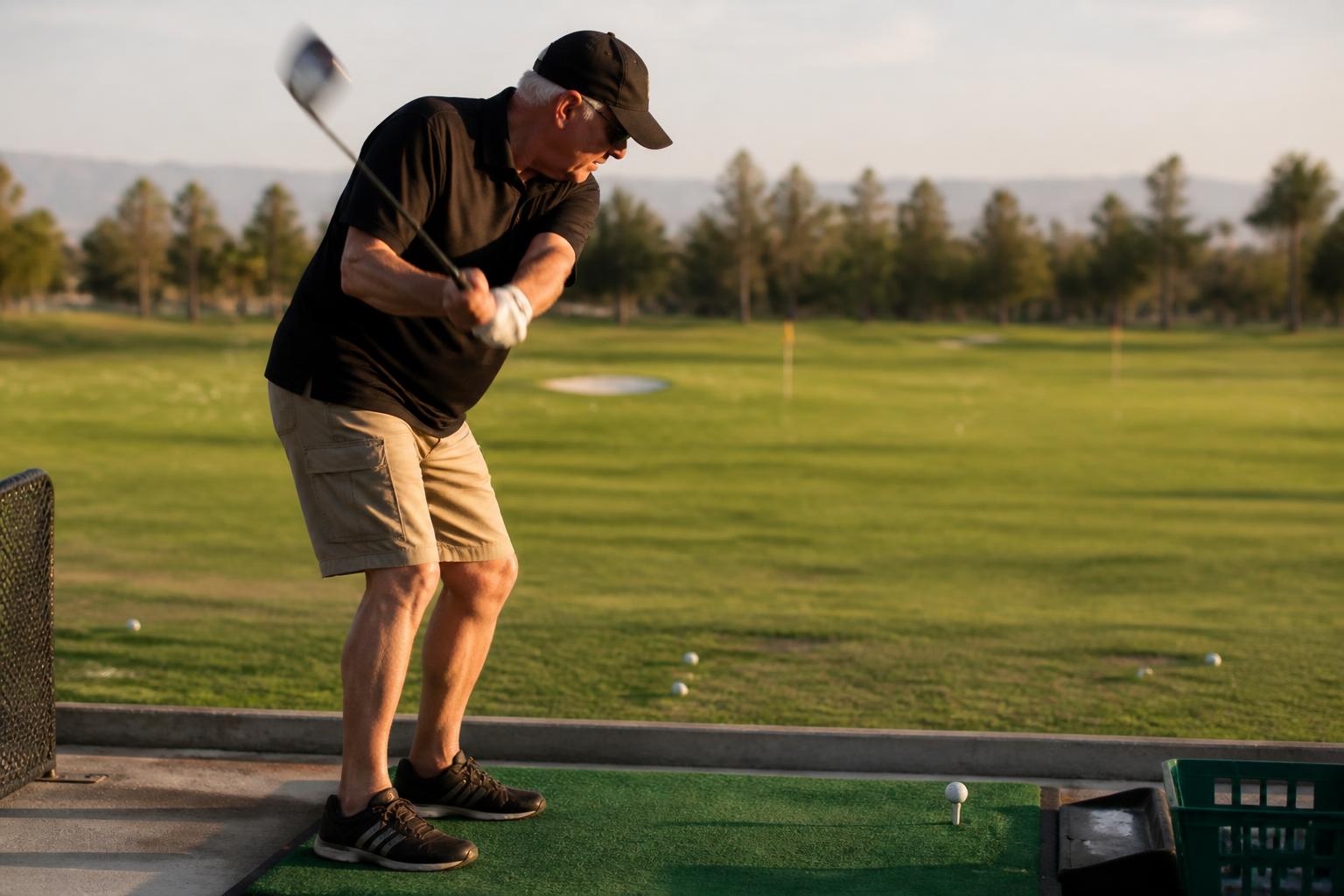 scene of an older amateur golfer mid-downswing on a driving range at golden hour, natural motion blur on the