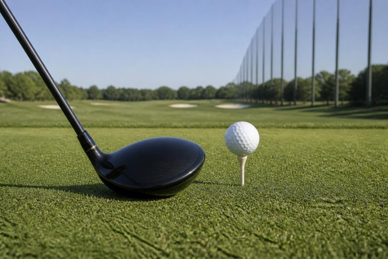 close-up of a golf driver at the top of a tee box on a bright practice range, morning sunlight