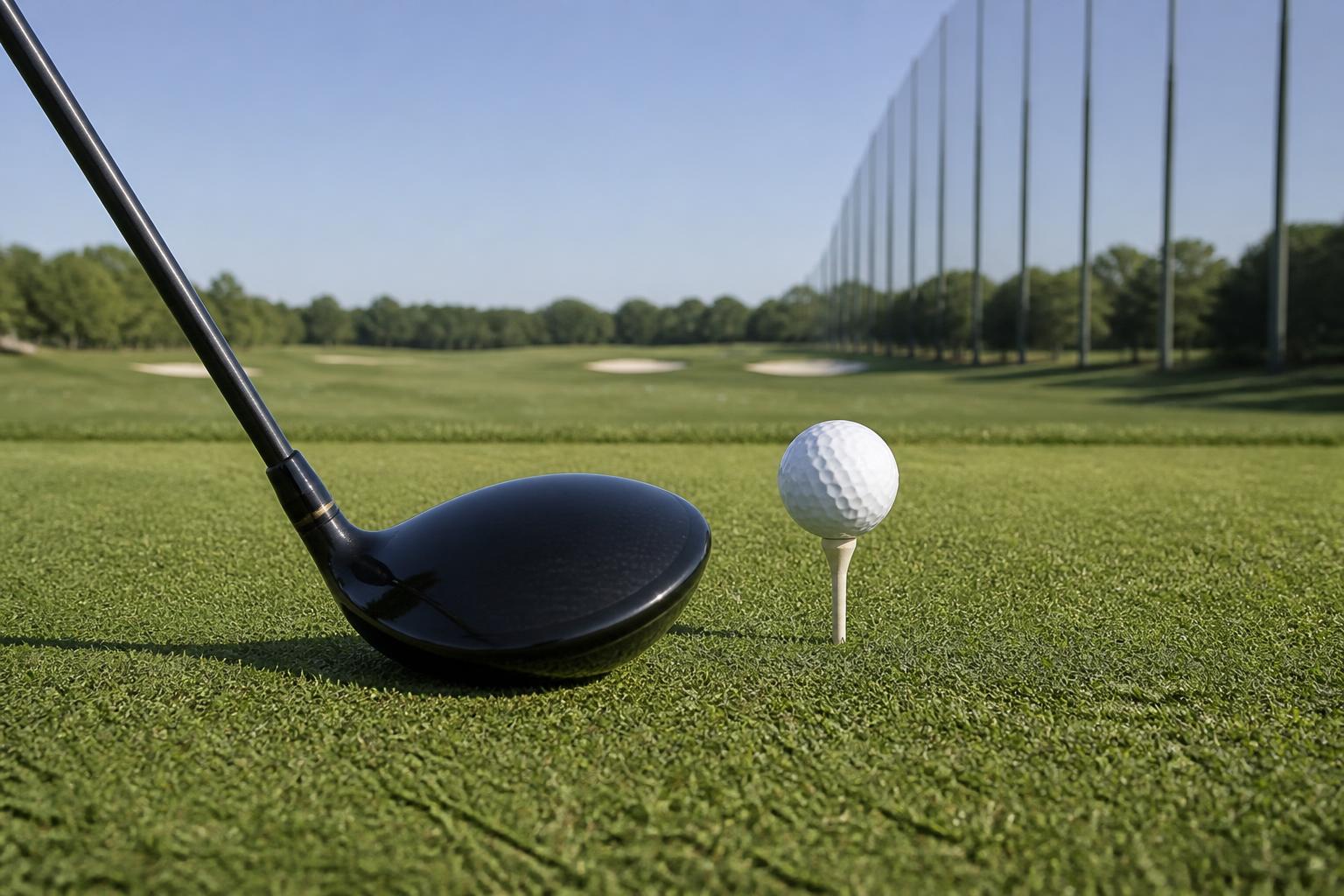 close-up of a golf driver at the top of a tee box on a bright practice range, morning sunlight