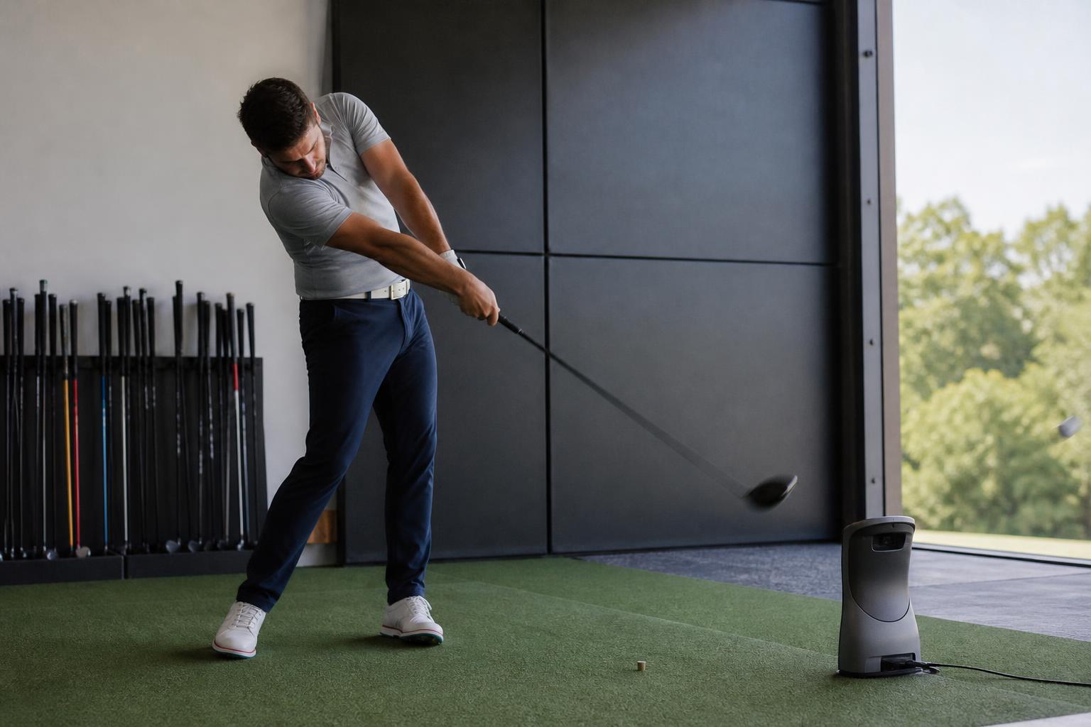 side-profile action shot of a golfer striking a driver at impact on a launch-monitor bay, indoor fitting studio with