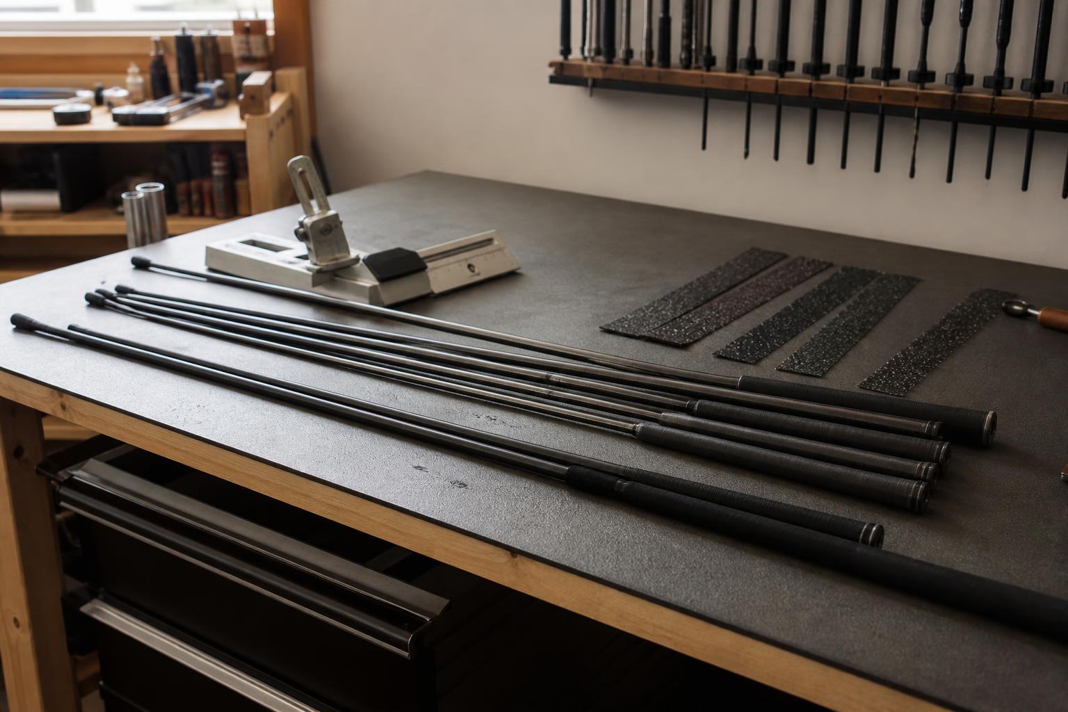 detail of several graphite golf driver shafts of varying flex laid across a fitting workbench with grip tape and a