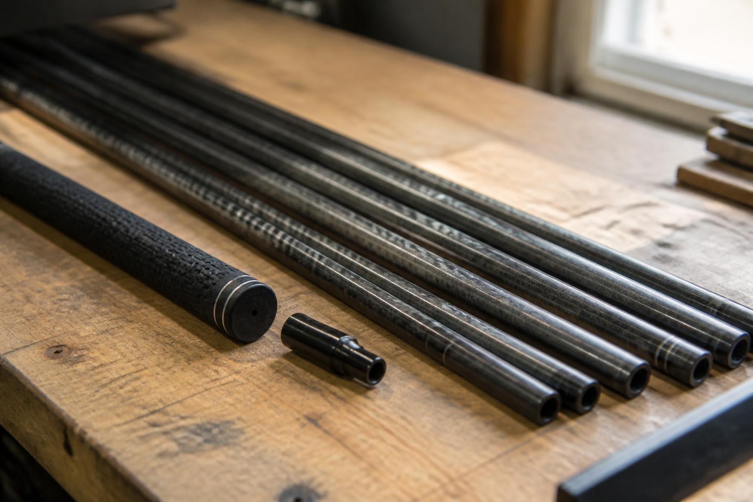close-up of several graphite golf shafts resting on a wooden club-builder's workbench, soft natural window light from
