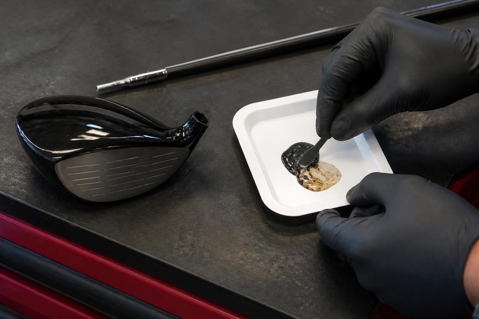 Ultra-realistic photograph of hands mixing two-part epoxy on a small disposable tray next to a golf clubhead and shaft ready for assembly, natural workshop light