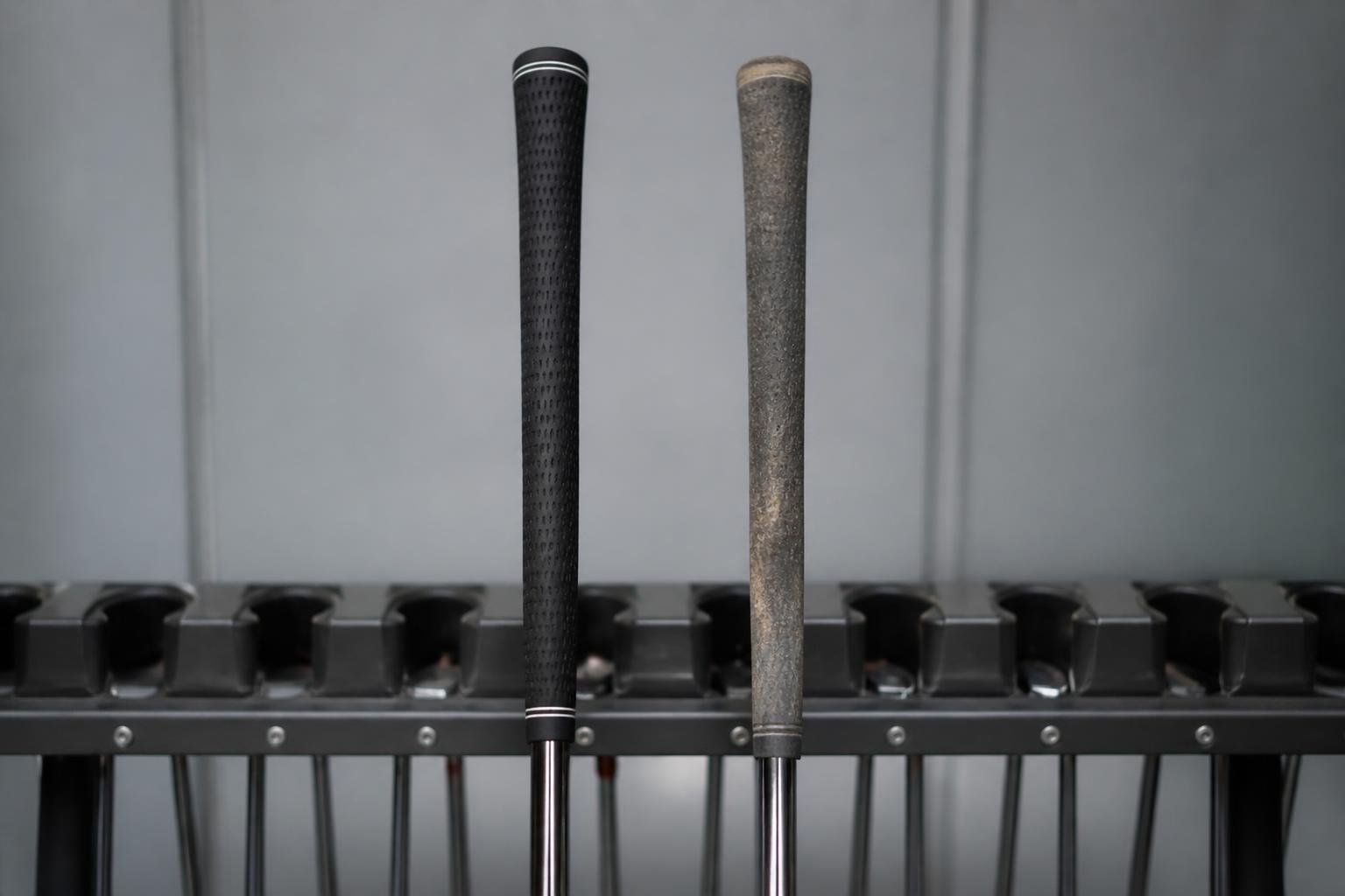 Ultra-realistic photograph of a freshly regripped golf club standing upright in a rack next to a club with an old worn grip awaiting a regrip, soft studio lighting, no brand marks or text