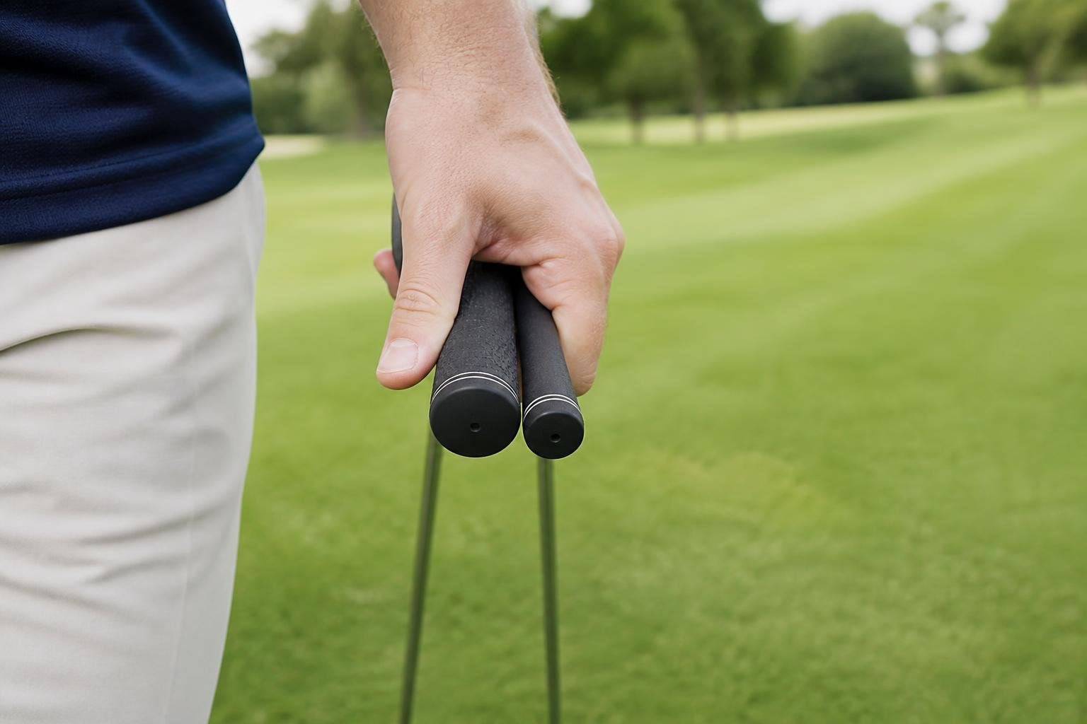 Ultra-realistic photograph of a golfer's hand comparing the grip diameter of two different clubs side by side, natural light