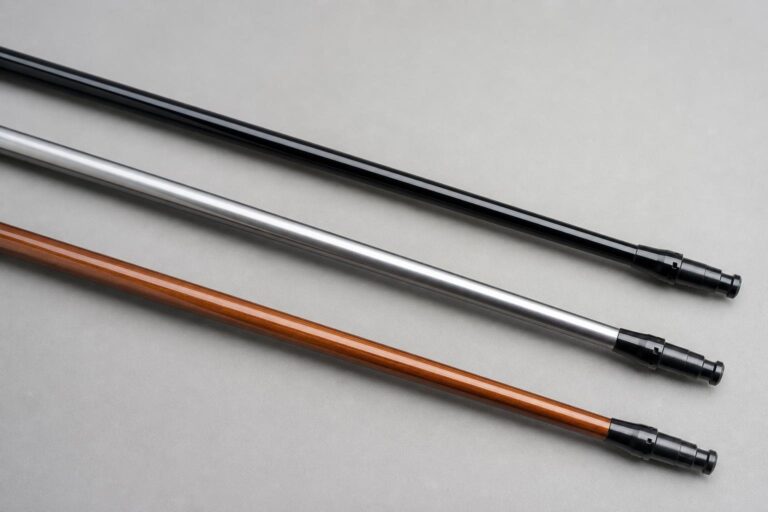 bright even studio lighting. Three golf shafts of different profiles, a wood shaft, a hybrid shaft, and an iron shaft, laid parallel on a clean gray backdrop with soft shadows