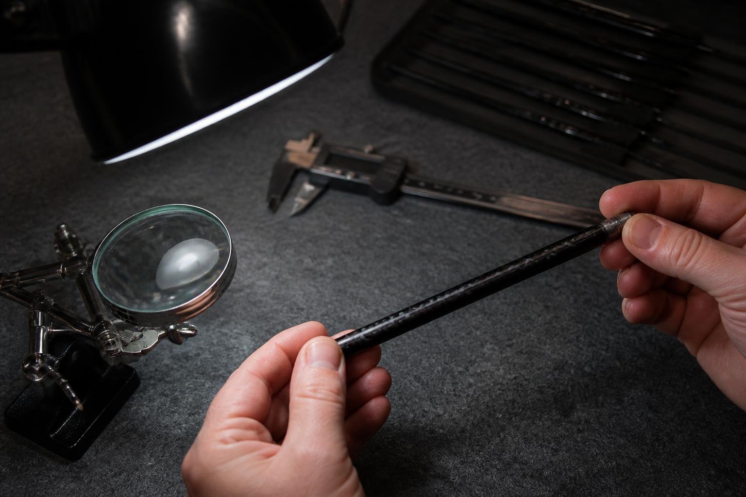 Ultra-realistic photograph of a close-up inspection of a golf shaft's tip section under a desk lamp, a small magnifier nearby