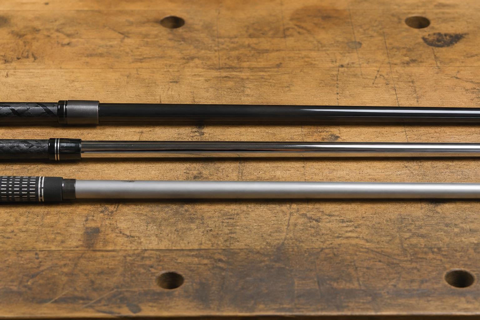 Ultra-realistic photograph of a driving iron shaft being compared side by side with a standard iron shaft and a hybrid shaft on a workbench, soft studio lighting
