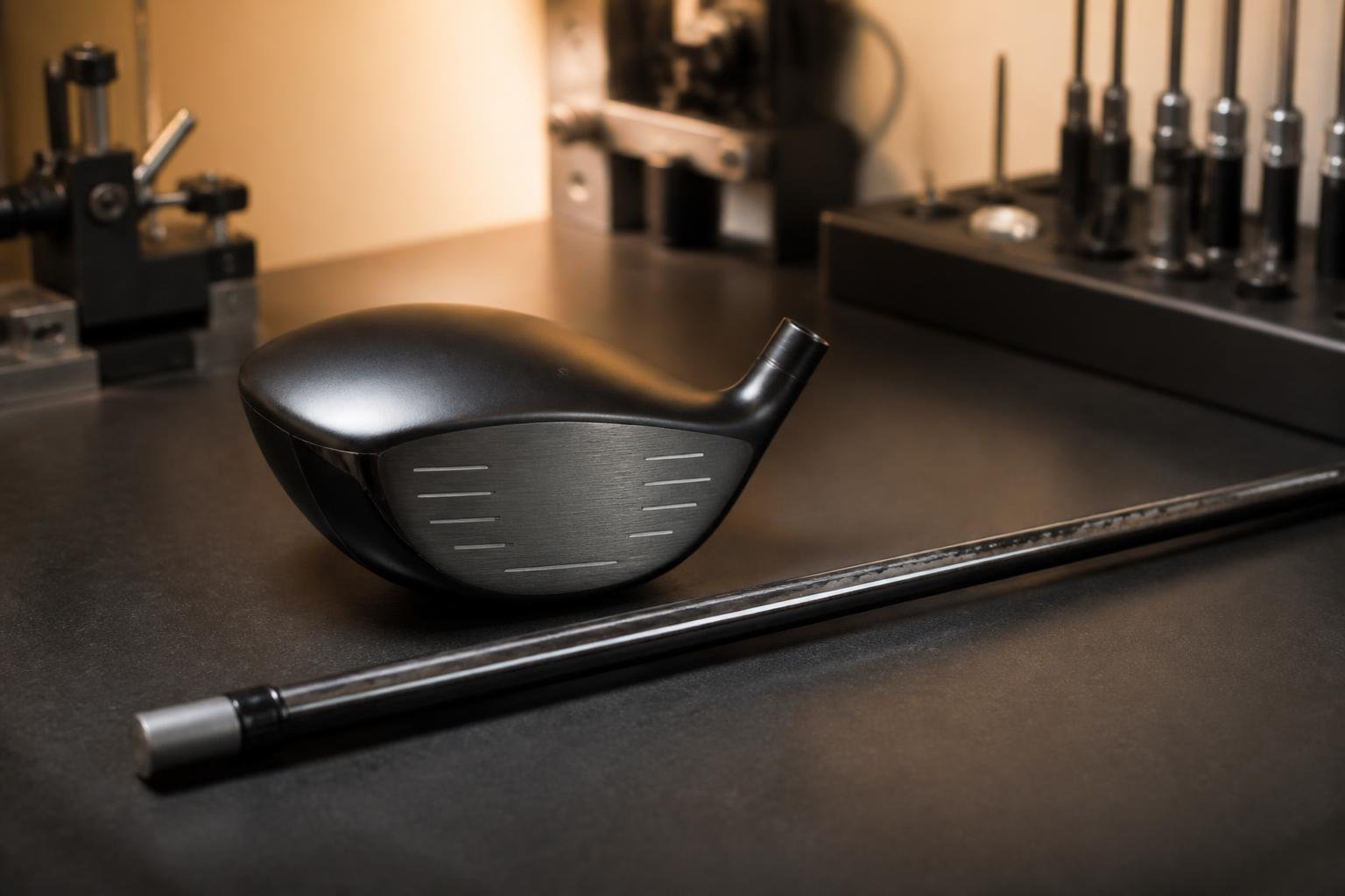 Ultra-realistic photograph of a golf driver head resting beside an unattached graphite wood shaft on a fitting bench, warm studio lighting