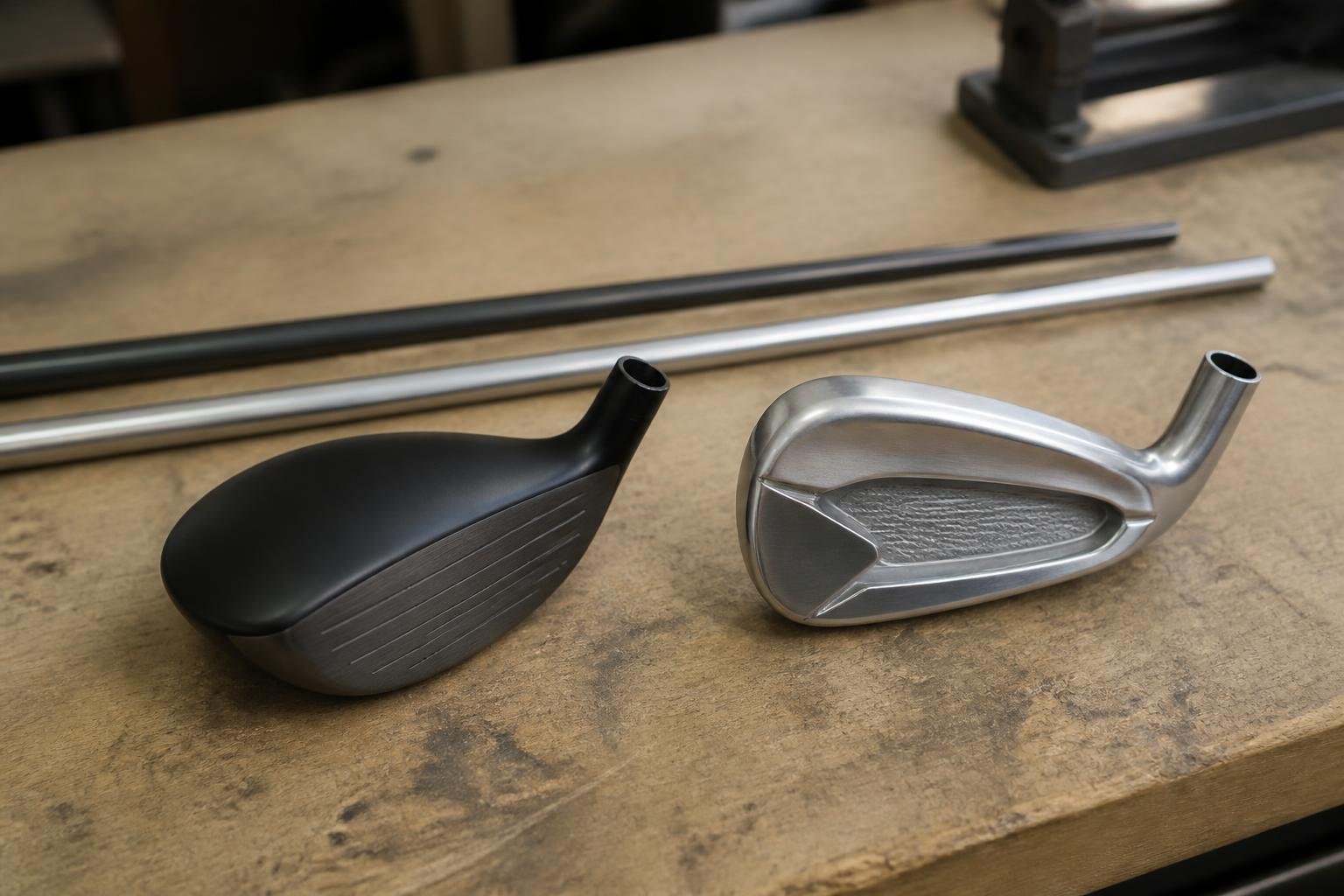 Ultra-realistic photograph of a hybrid clubhead and an iron clubhead placed side by side on a workbench with two different shaft profiles nearby, soft daylight