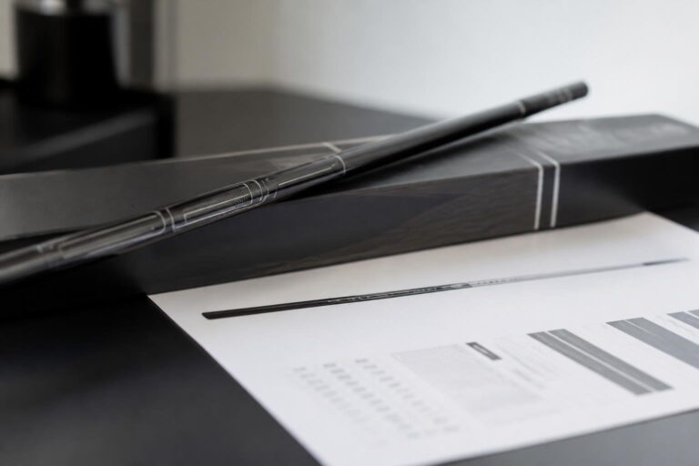 soft window light. A golf shaft resting on top of its original manufacturer packaging and printed spec sheet on a clean desk