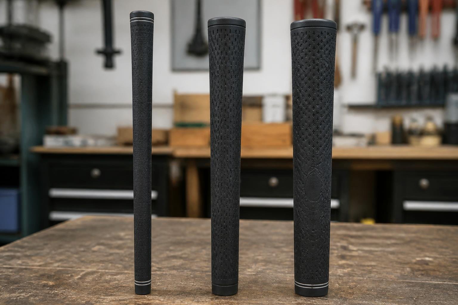 bright workshop lighting. Three golf grips of visibly different diameters standing upright in a row on a workbench