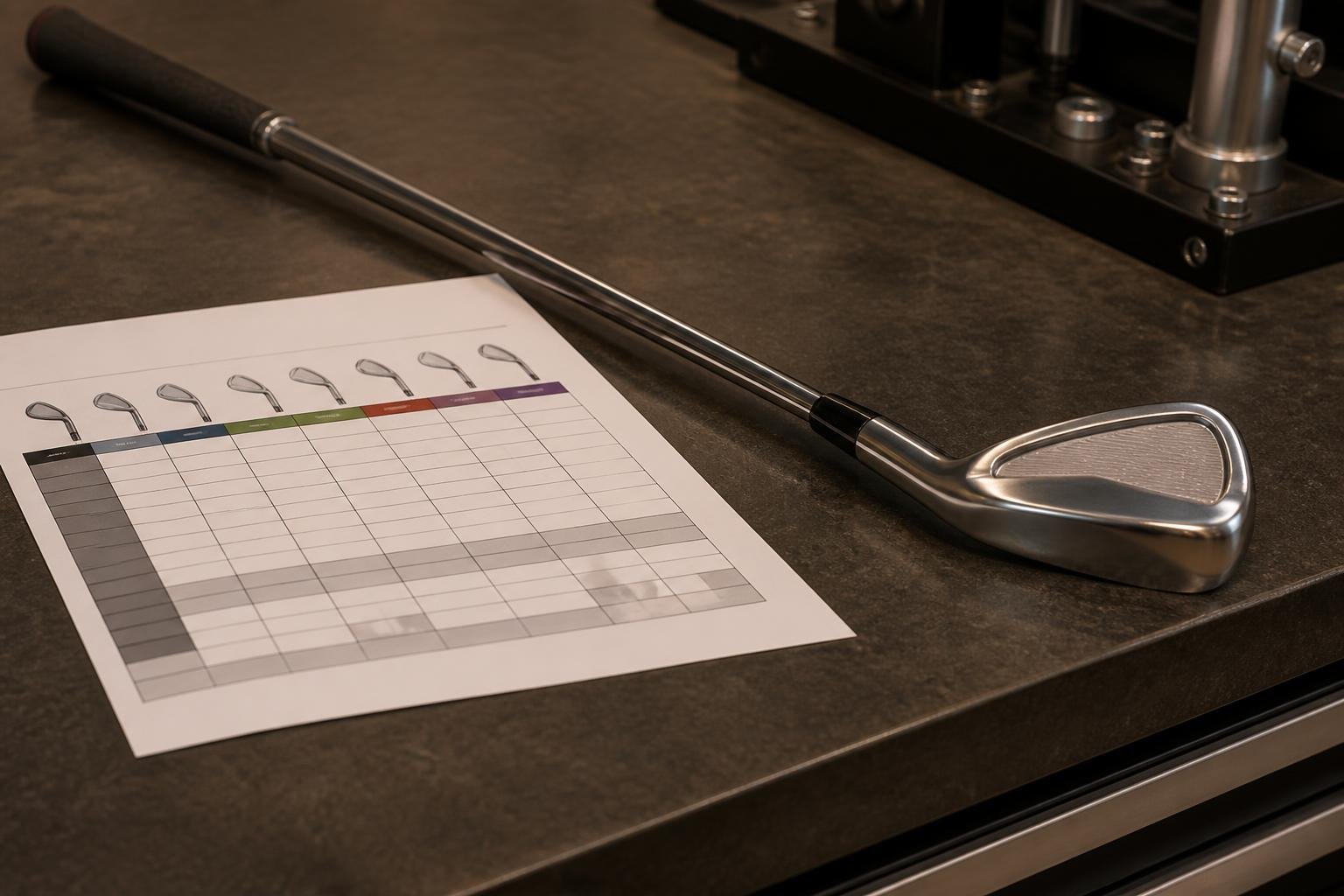 Ultra-realistic photograph of a driving iron shaft and clubhead resting on a fitting bench beside a utility-iron spec chart with