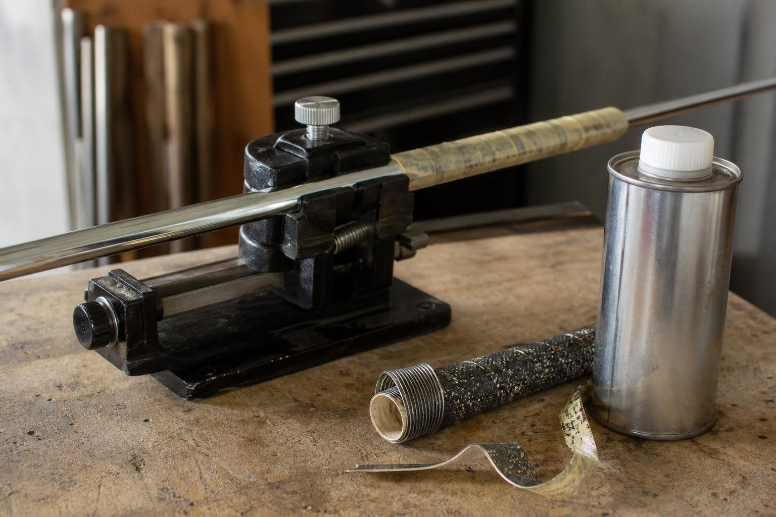 Regripping tool clamping a bare golf club shaft on a workbench