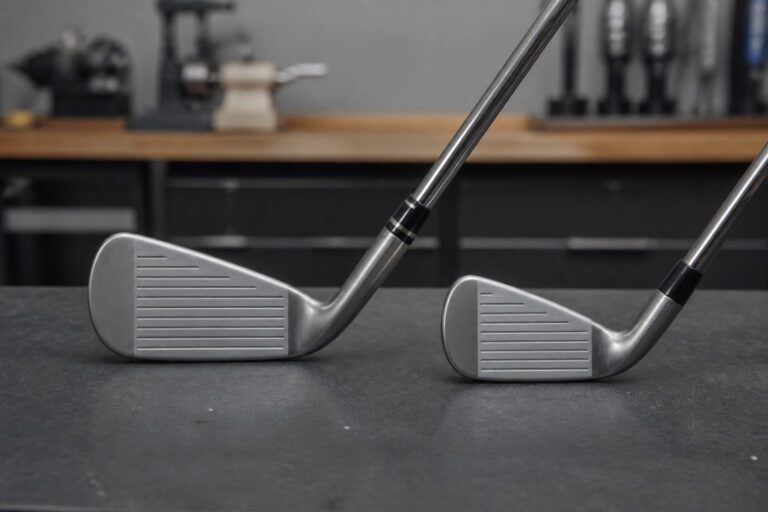 bright even studio lighting. A driving iron clubhead attached to a slim shaft resting diagonally across a fitting bench next to a standard long iron for scale