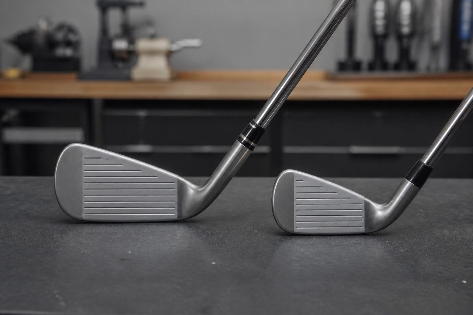bright even studio lighting. A driving iron clubhead attached to a slim shaft resting diagonally across a fitting bench next to a standard long iron for scale