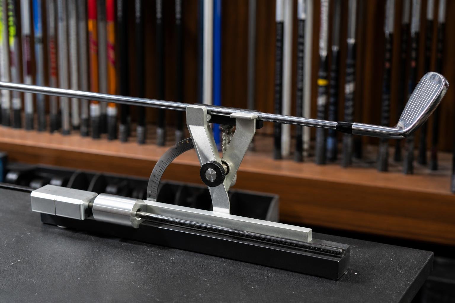 Ultra-realistic photograph of a swingweight scale with a golf club balanced on it in a fitting shop, close-up detail shot