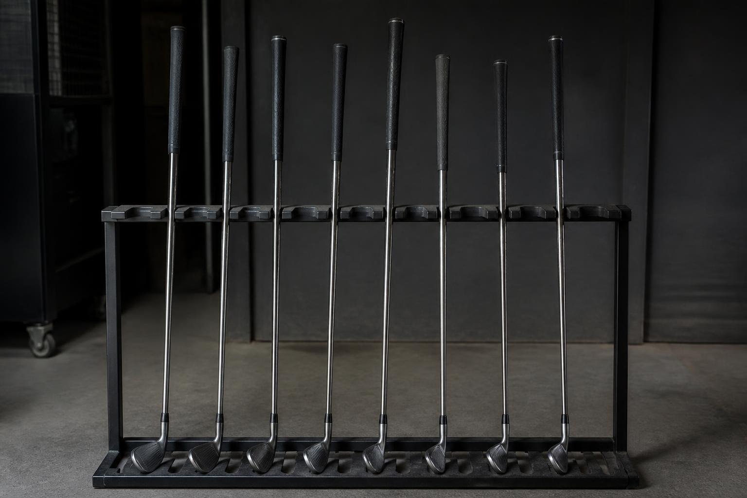 Ultra-realistic photograph of several golf clubs standing upright in a build rack overnight, soft ambient light