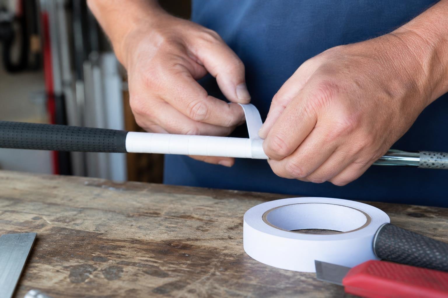 Hands applying double-sided grip tape while regripping a golf club shaft