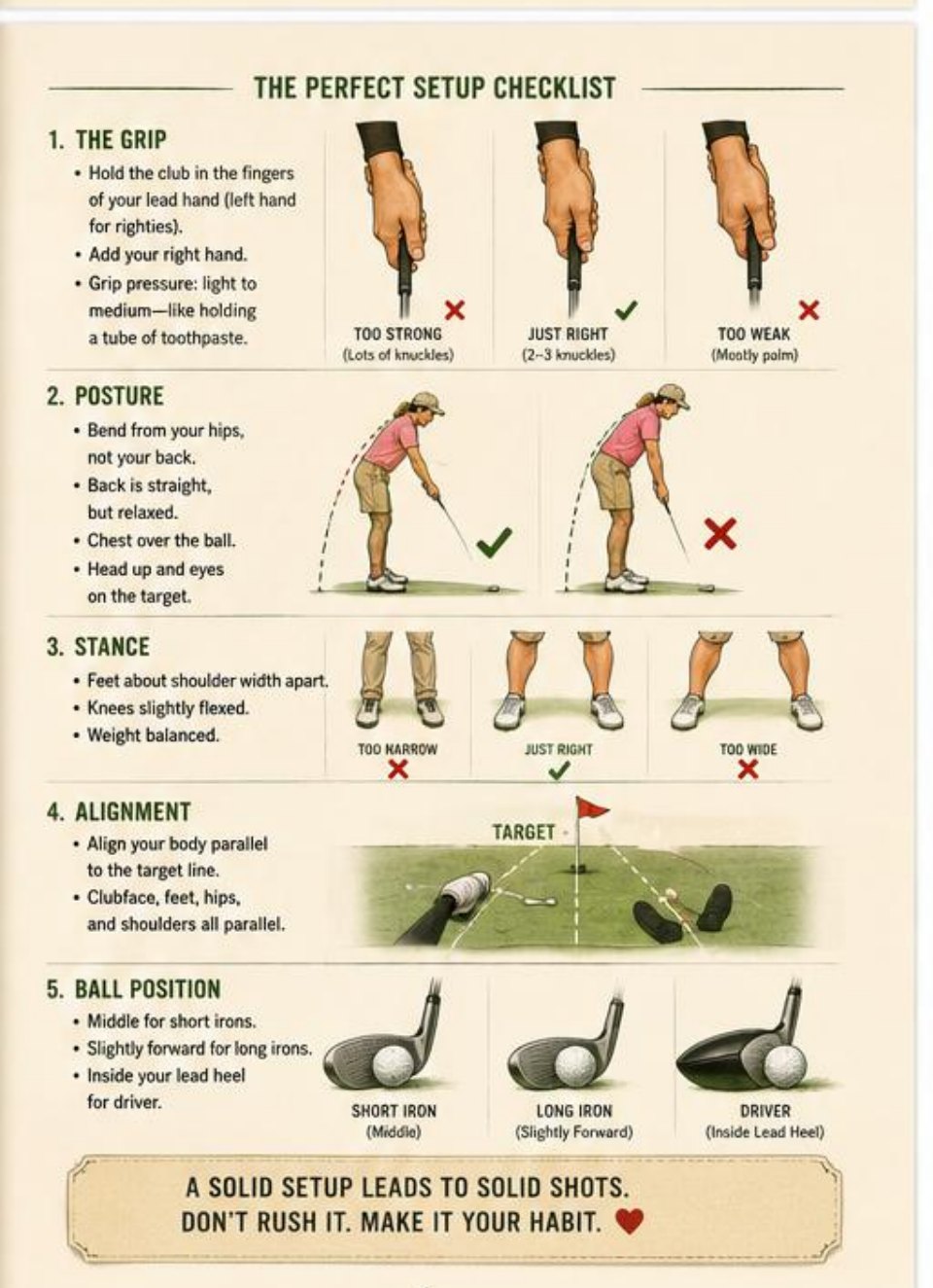 Setup checklist page covering grip, posture, stance, alignment and ball position