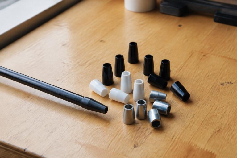 Assorted golf shaft ferrule rings next to a graphite shaft tip