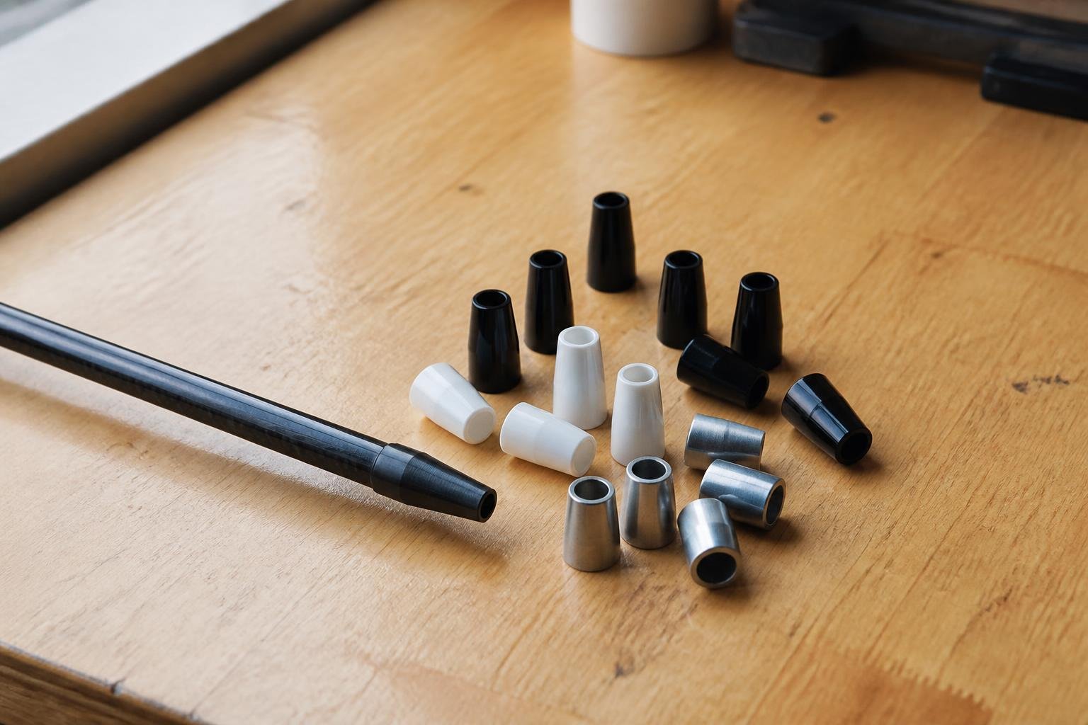 Assorted golf shaft ferrule rings next to a graphite shaft tip