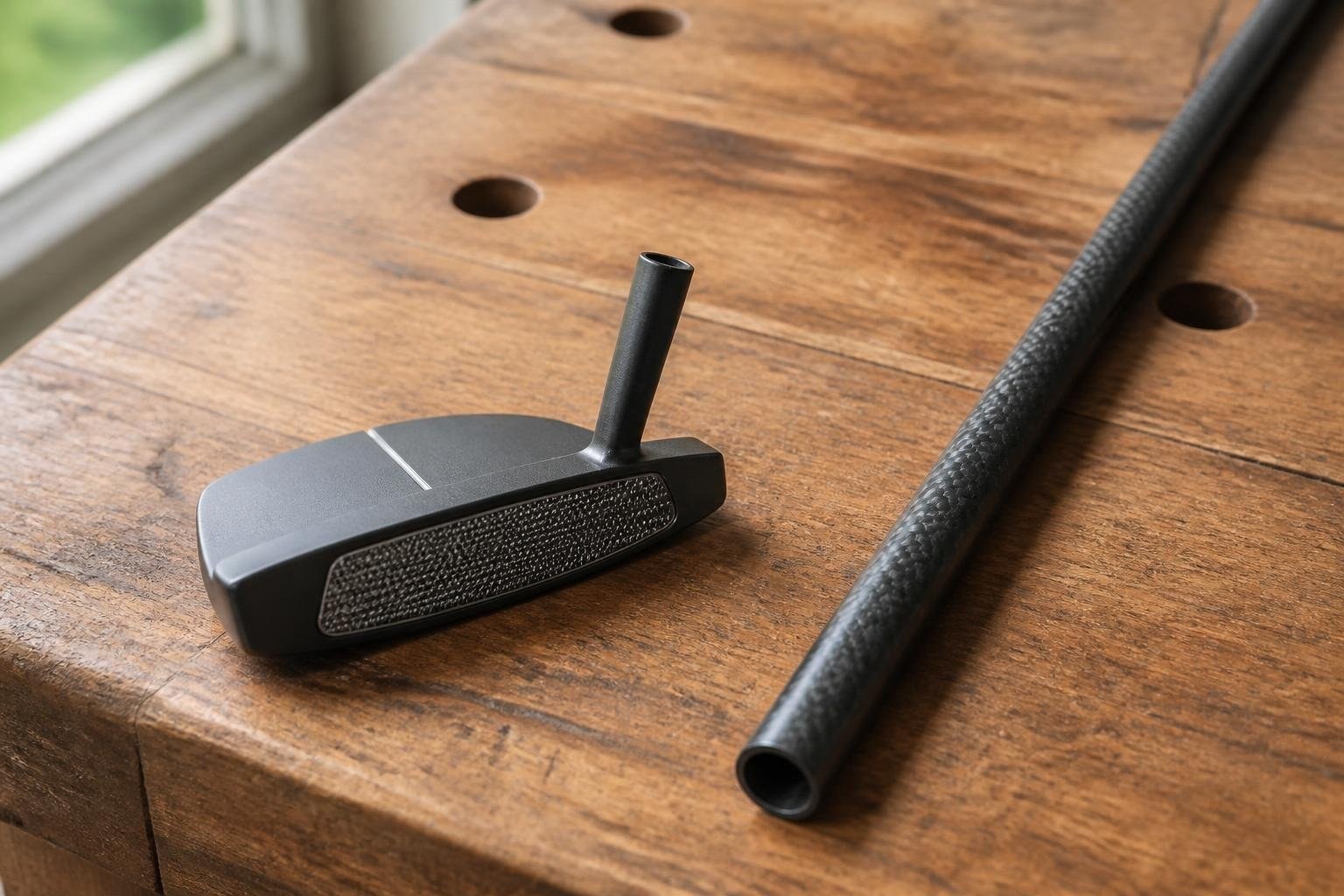 Putter head and a woven carbon-fiber putter shaft section on a workbench