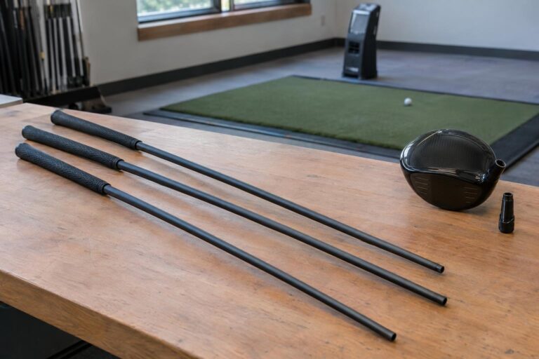 Three black graphite driver shafts with grips on a fitting studio workbench beside a driver head and adapter sleeve