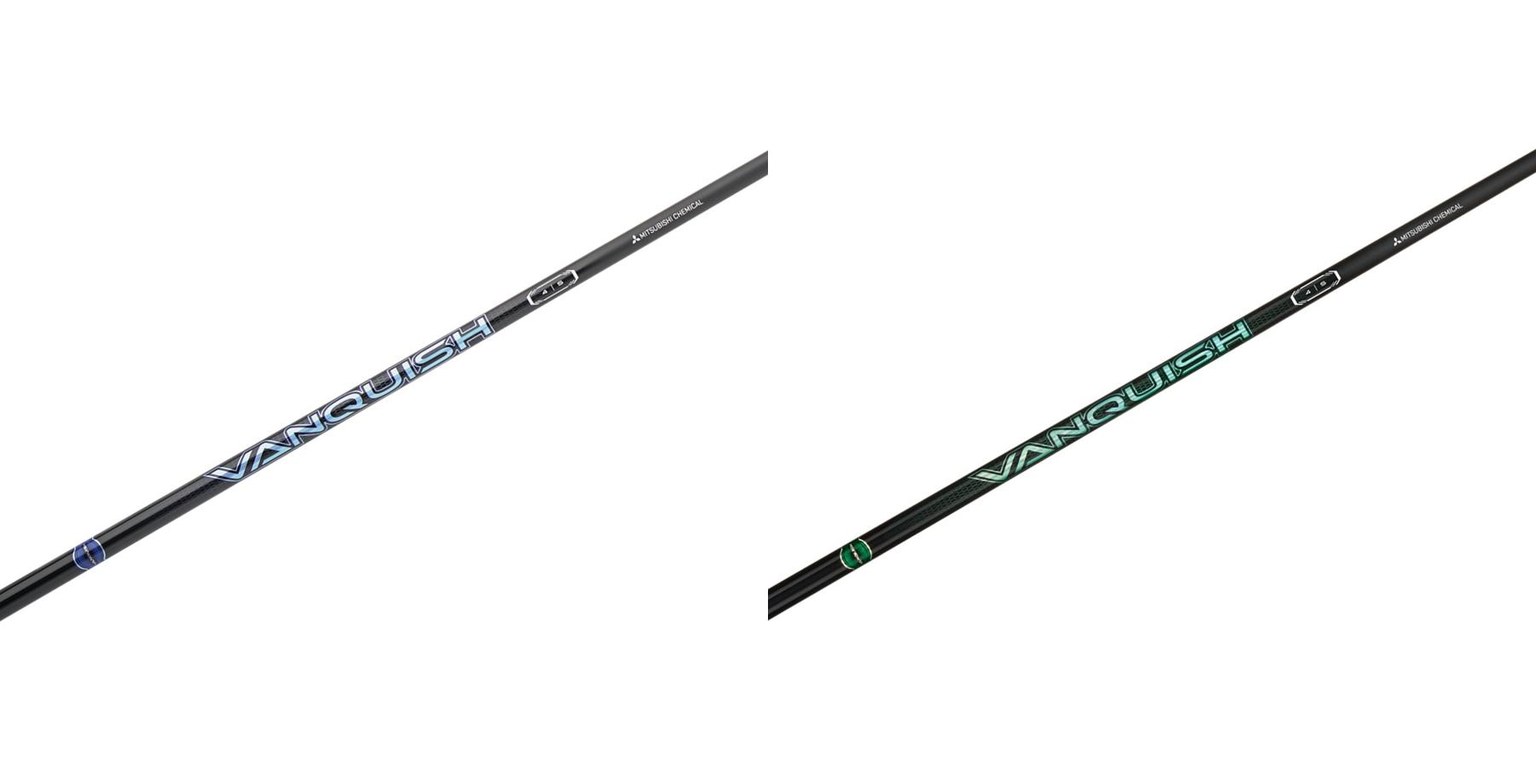 Mitsubishi VANQUISH Blue and VANQUISH VV Green wood shafts side by side