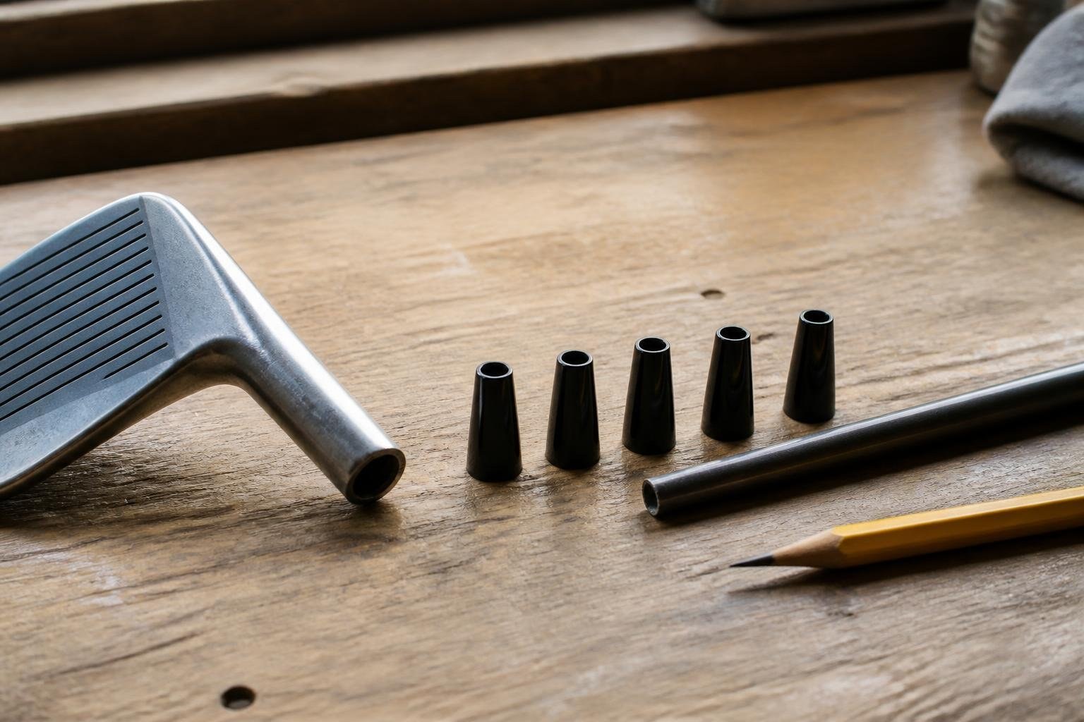 Tapered black golf ferrules beside an iron hosel and a shaft tip